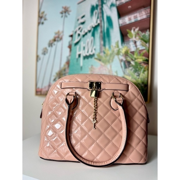 Aldo Handbags - Aldo Light Pastel Pink Quilted Textured Patent Faux Leather Purse Satchel Bag